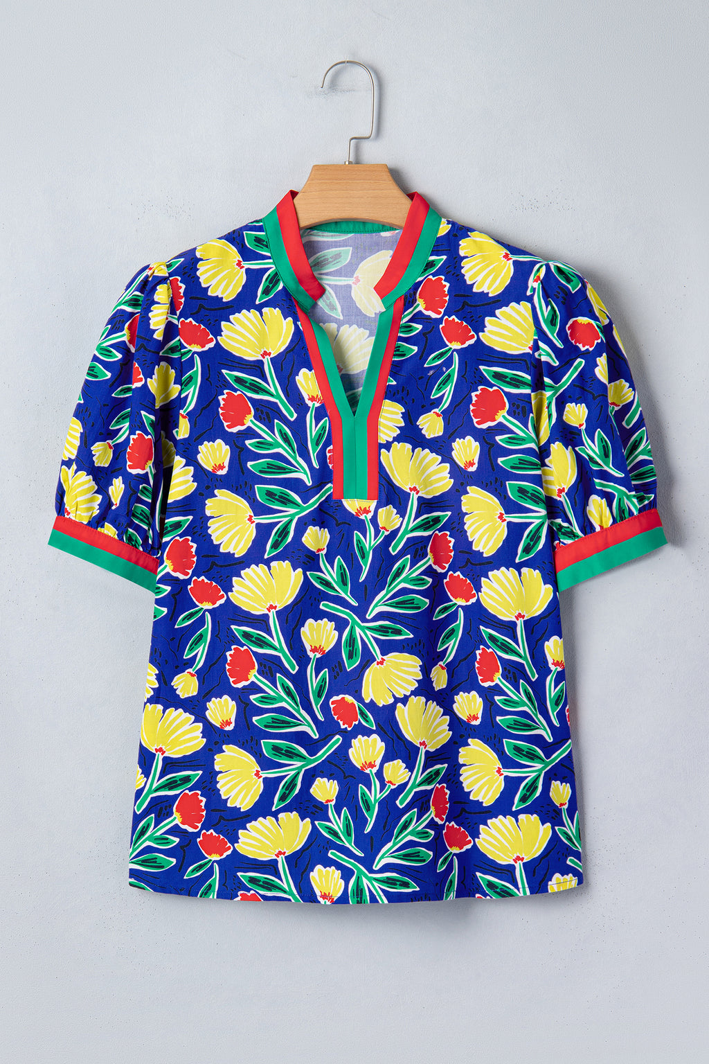 Blue Wild Floral Printed Contrast Striped Patchwork V Neck Short Sleeve Blouse
