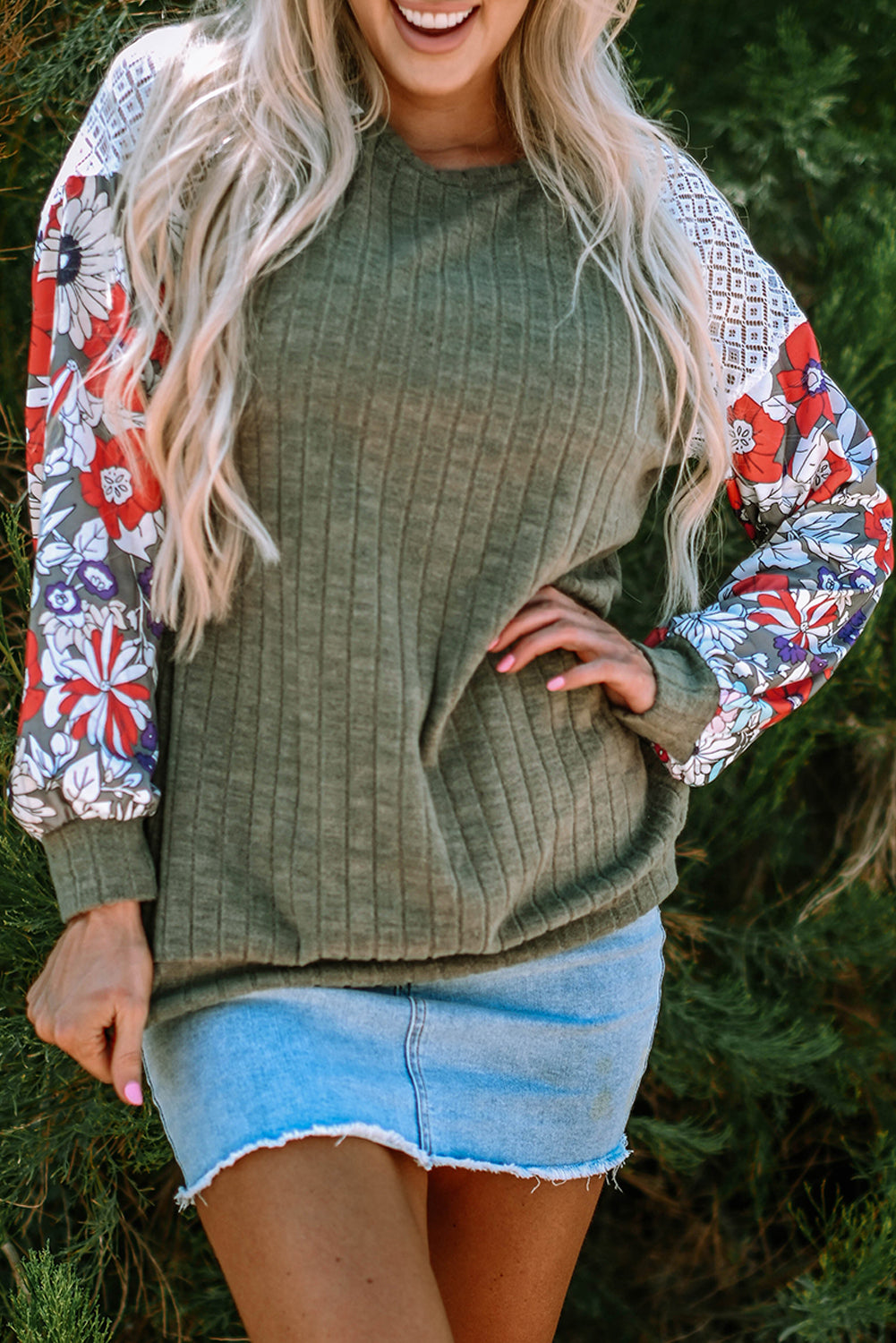 Vineyard Green Plus Size Textured Floral Patchwork Raglan Sleeve Blouse