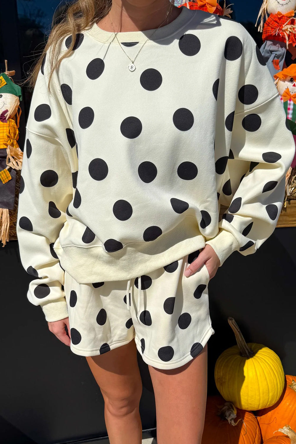 Beige Polka Dot Print Drop Shoulder Pullover Drawstring Jogger Pant Set