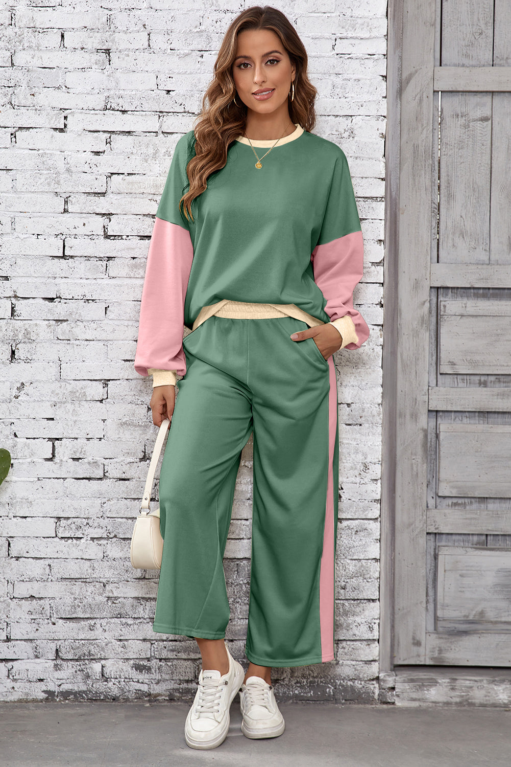 Apricot 2pcs Color Block Pullover Loose Pant Set
