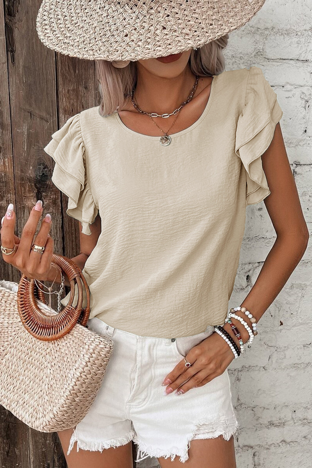 Clearly Aqua Solid Color Ruffled Short Sleeve Casual Blouse
