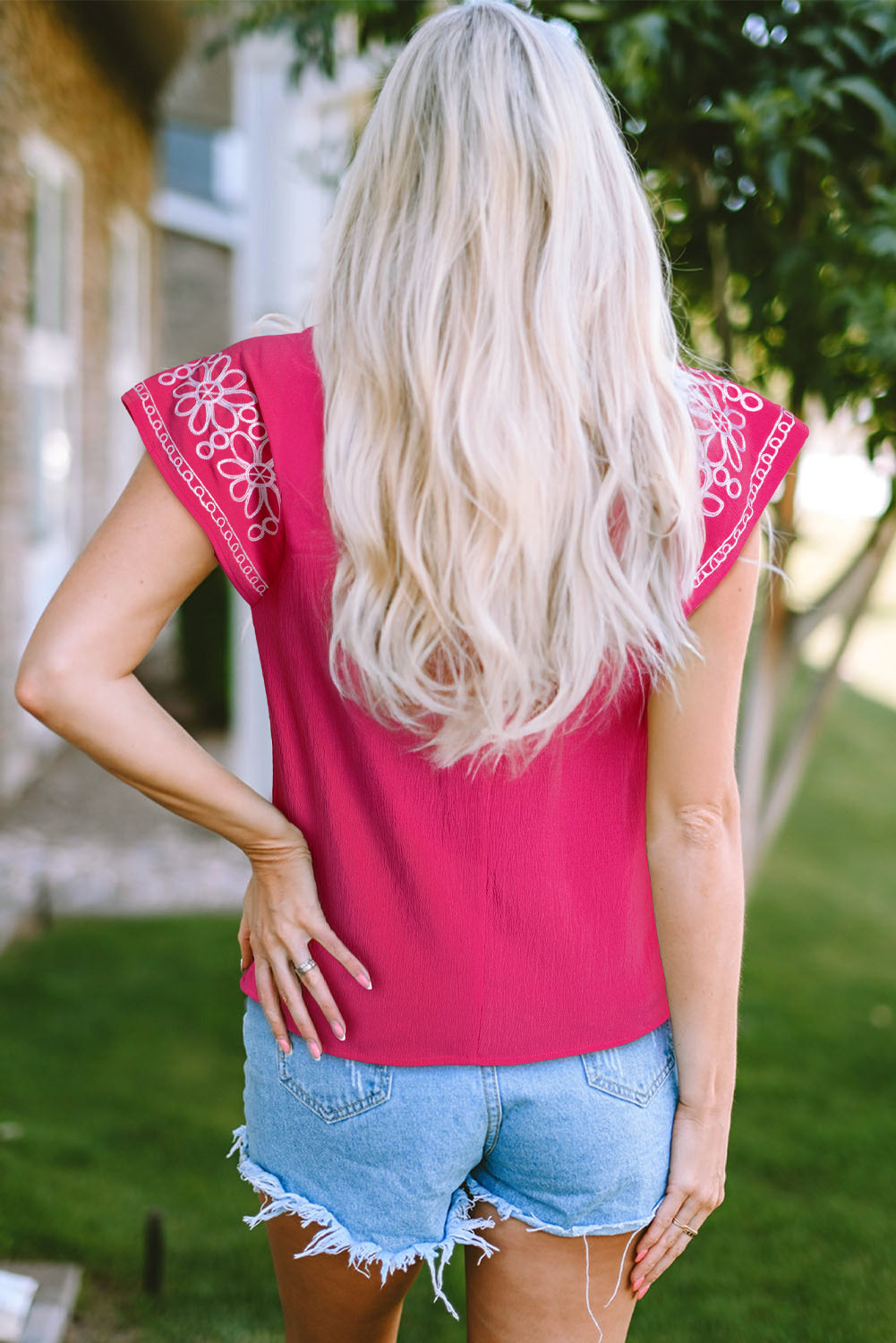 Strawberry Pink Floral Embroidered Flutter Sleeve Pleated O Neck Plus Size Blouse