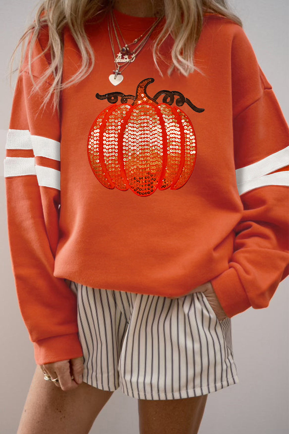 Black Halloween Pumpkin Face Sequin Patched Oversize Varsity Sweatshirt