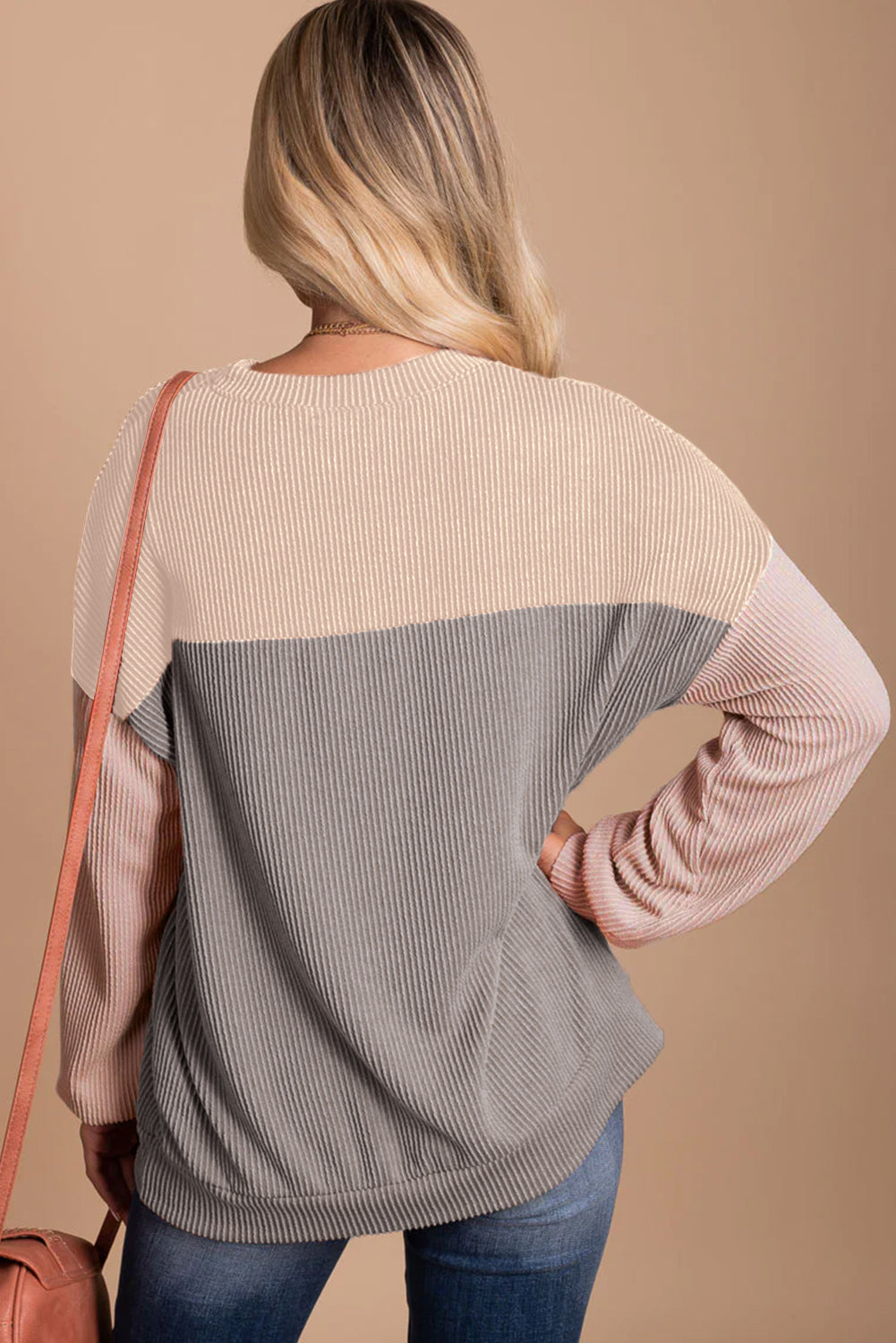 Pale Chestnut Color Block Corded Long Sleeve Top