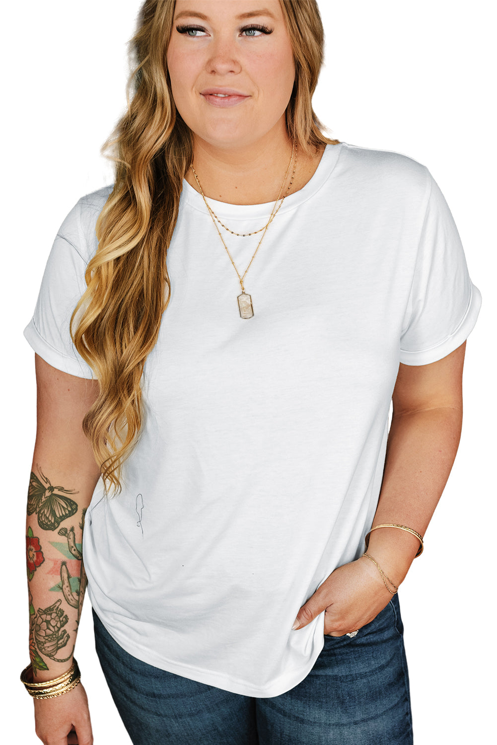 Iceland Blue Round Neck Rolled Sleeve Plus Size T-shirt