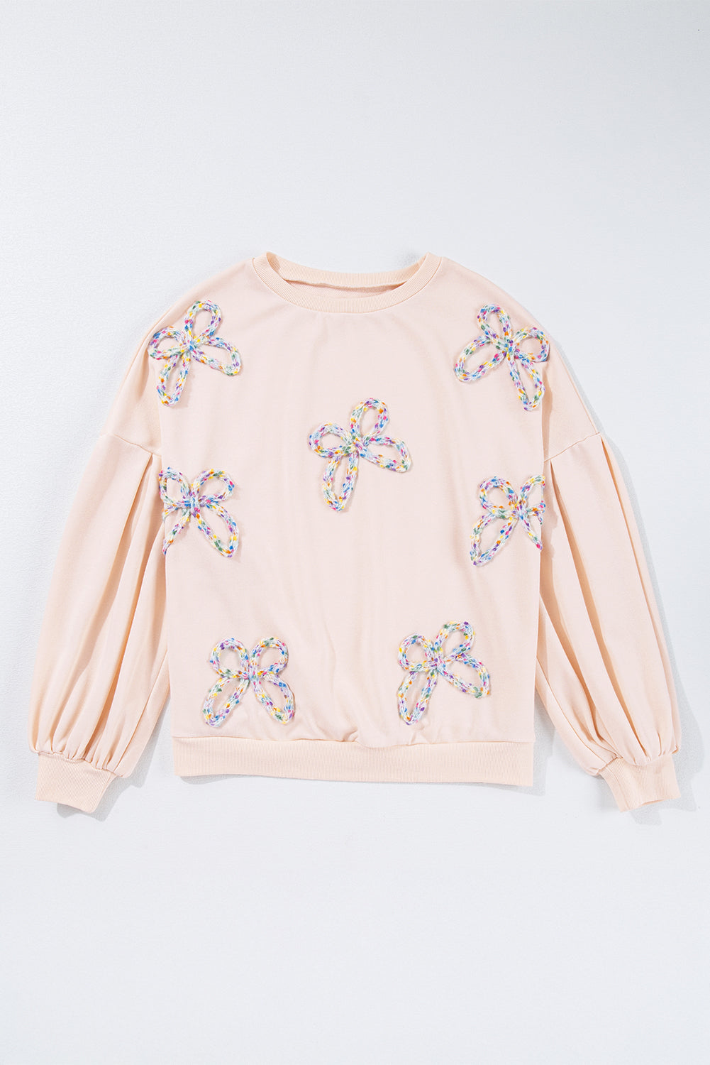 Light Pink Embroidered Bow Lantern Sleeve Oversized Pullover Sweatshirt