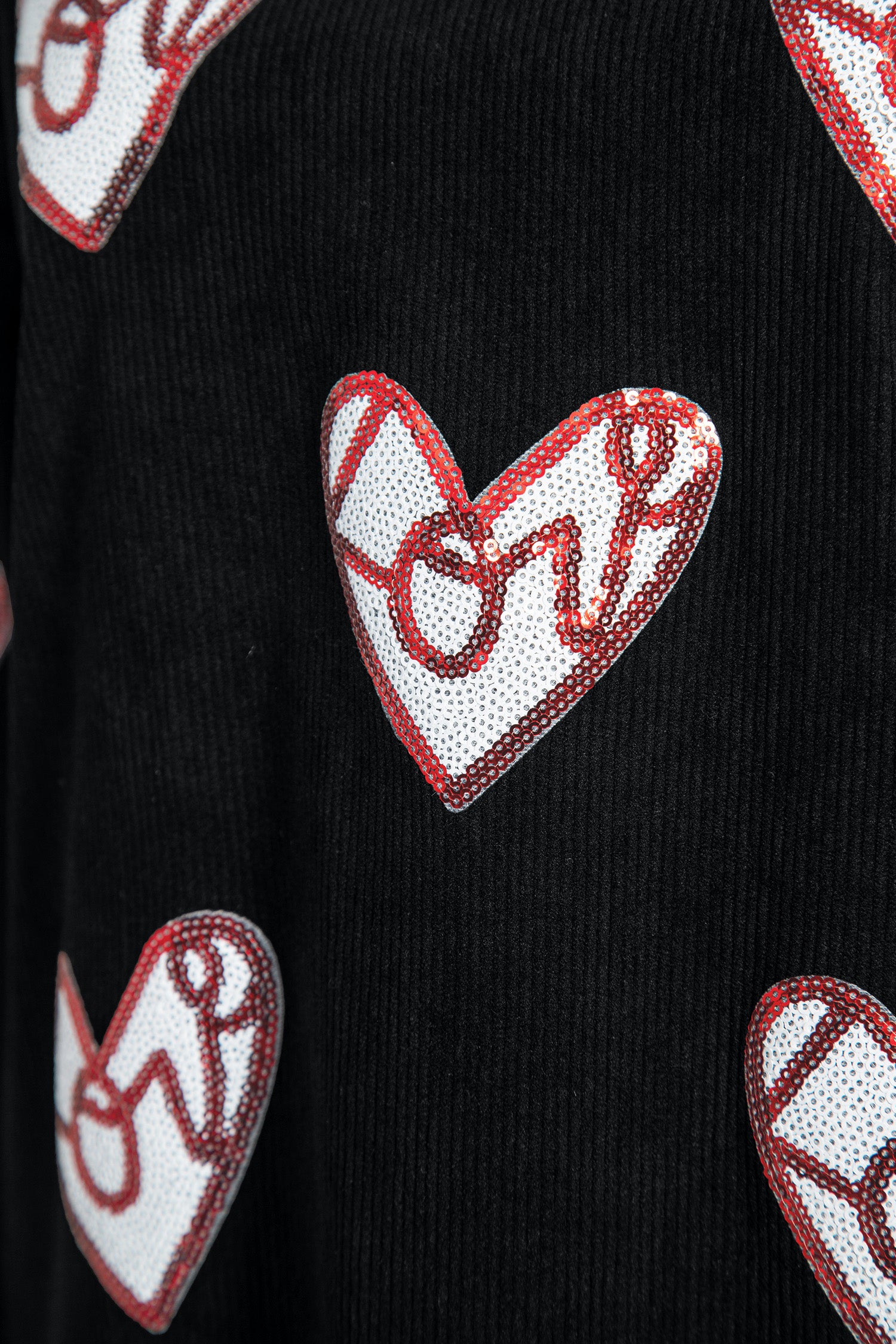 Black Corded Ribbed Love Heart Sequin Patched Graphic Sweatshirt
