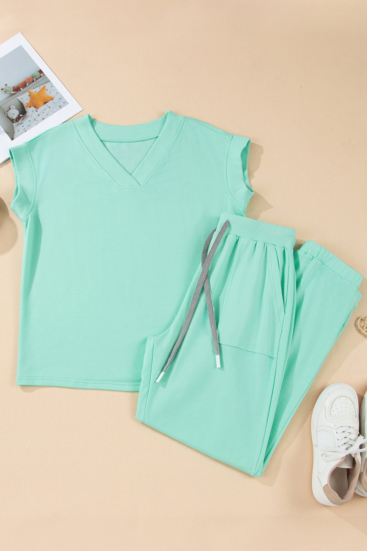 Mist Blue Solid Color Loose Tee Drawstring Wide Leg Pants 2pcs Outfit