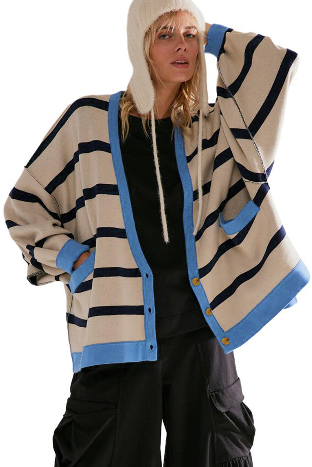 Pink Stripe Colorblock Drop Shoulder Buttoned Loose Cardigan