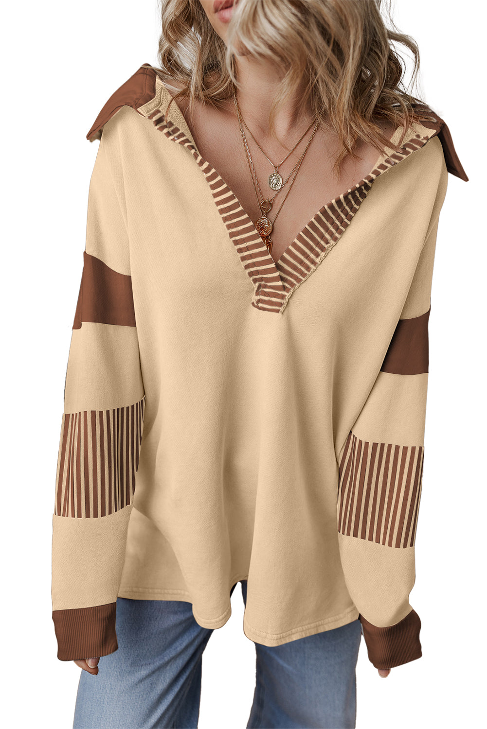 Dark Blue Striped Colorblock Patchwork Collar Sweatshirt