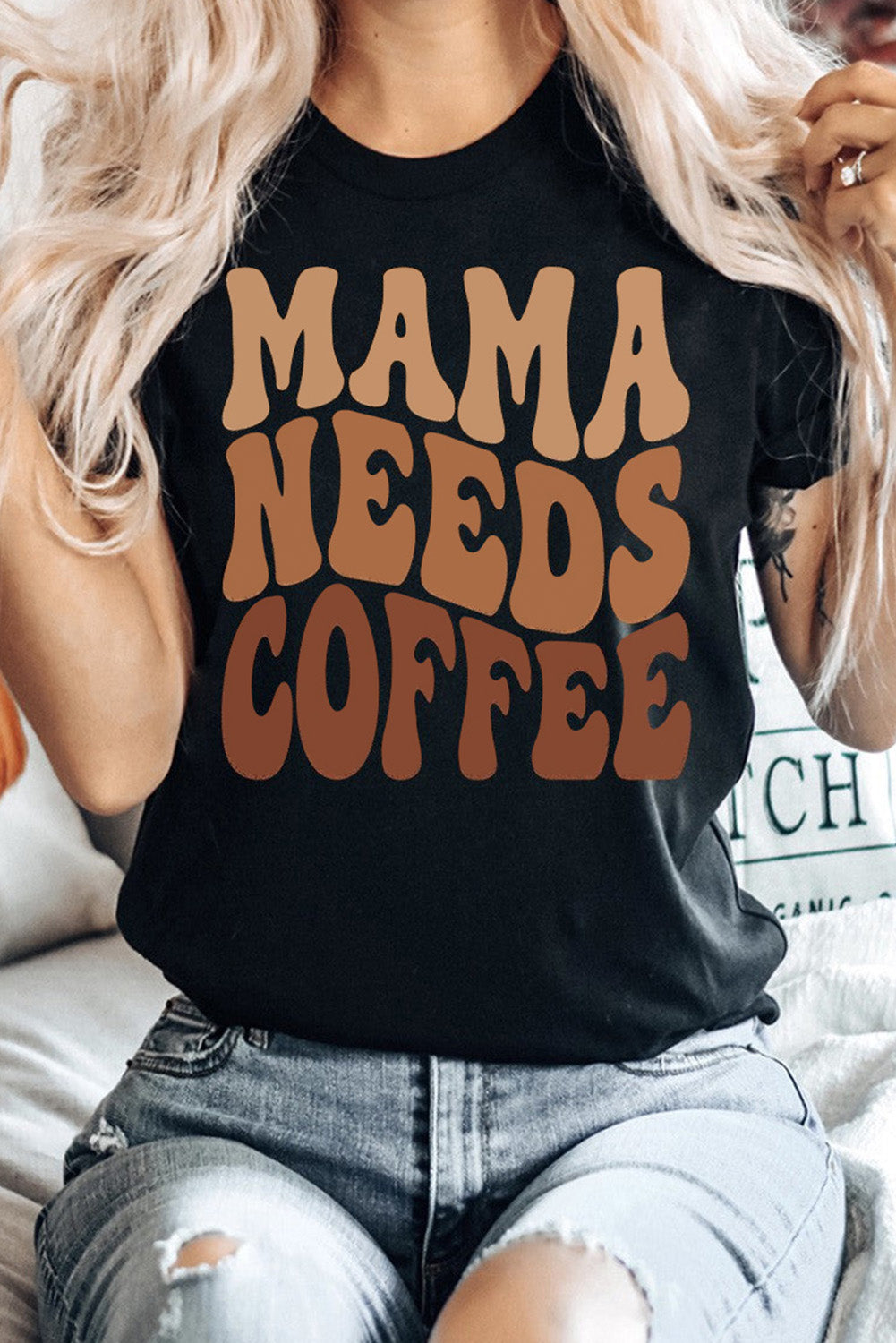 White MAMA Floral Block Graphic Casual T Shirt
