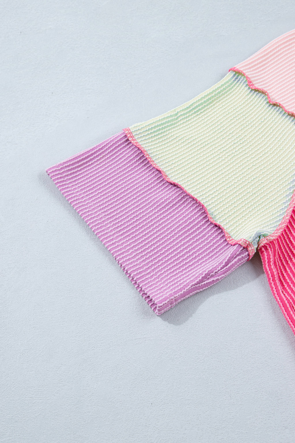 Bright Pink Twisted Ribbed Color Block Patchwork Henley Short Sleeve T Shirt