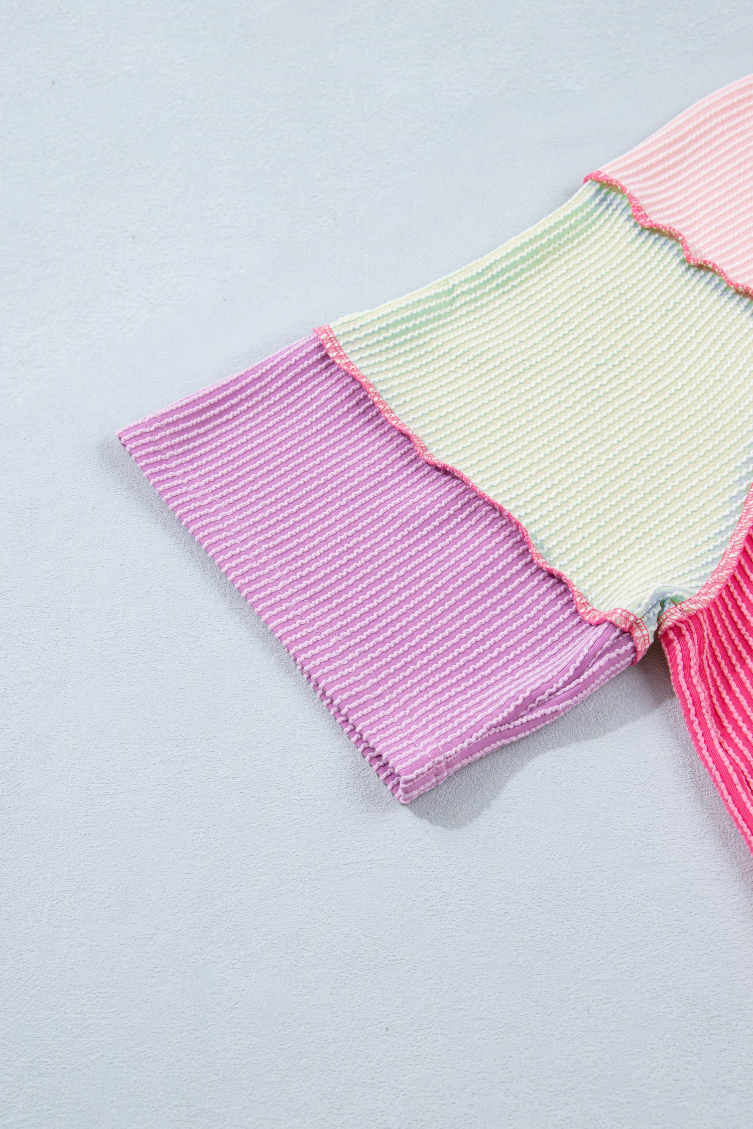 Bright Pink Twisted Ribbed Color Block Patchwork Henley Short Sleeve T Shirt