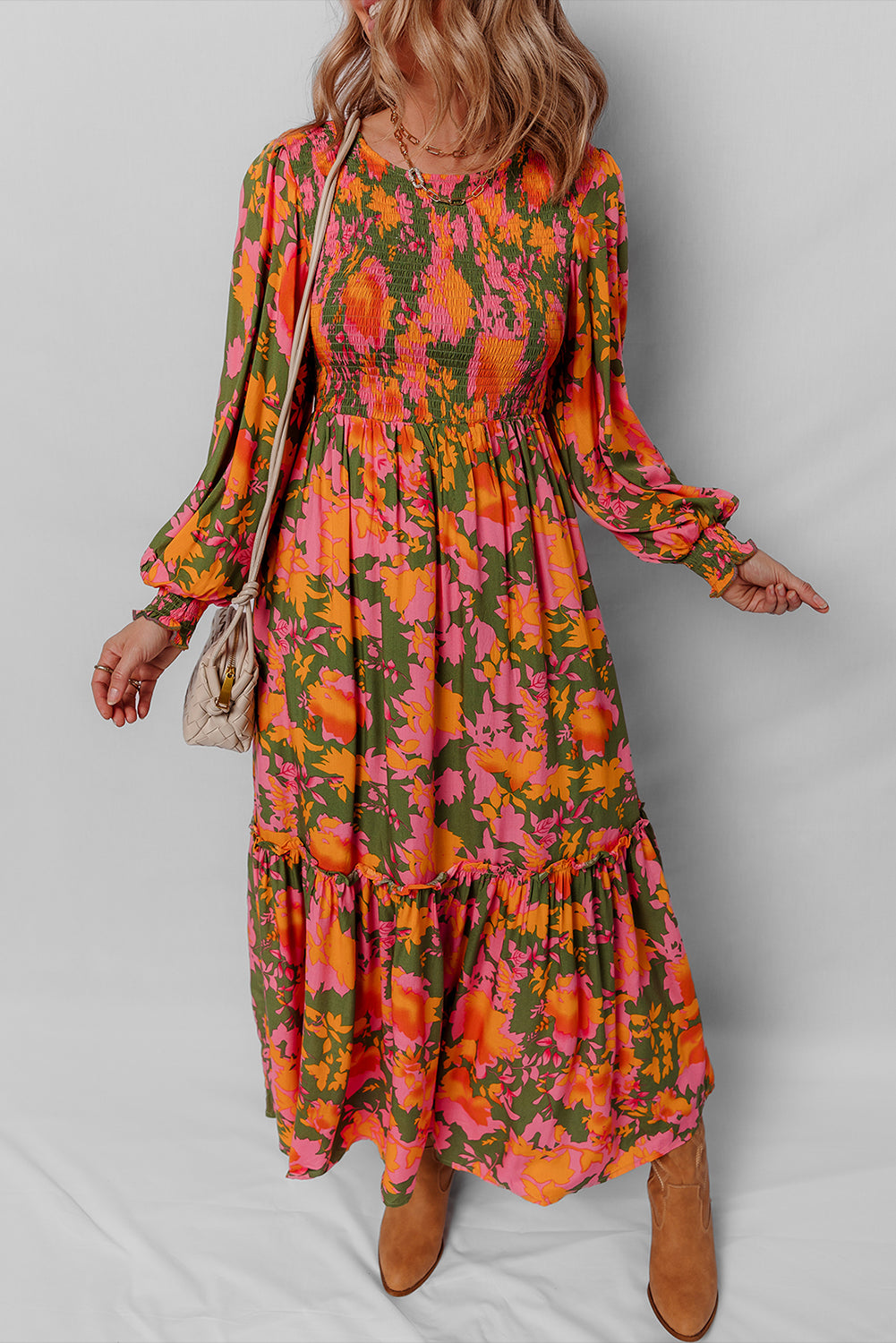 Multicolour Floral Print Long Sleeve Smocked Ruffled Mini Dress