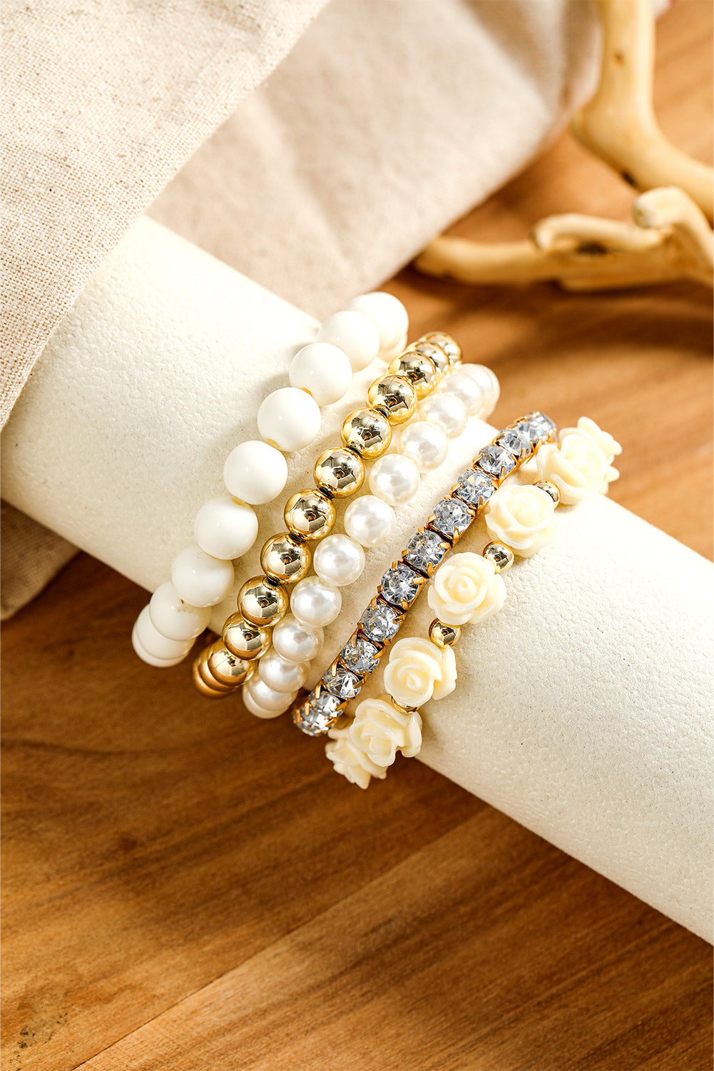 Black Flower Rhinestone Beaded Multi Layer Bracelet Set