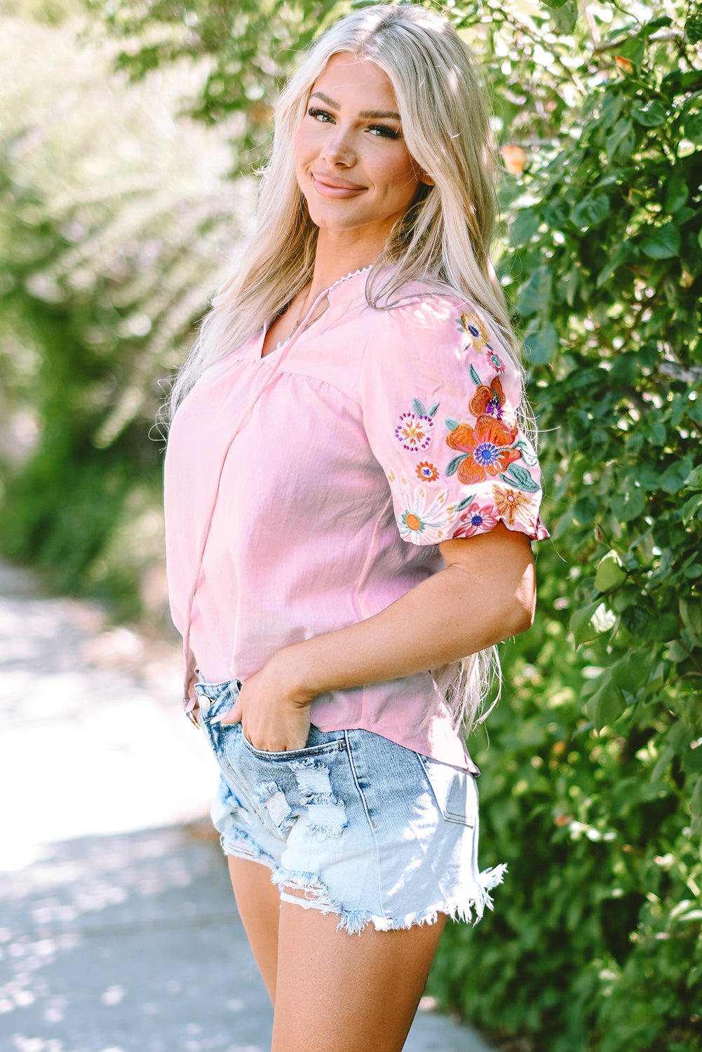 Clearly Aqua Floral Embroidered Puff Sleeve Split Neck Blouse