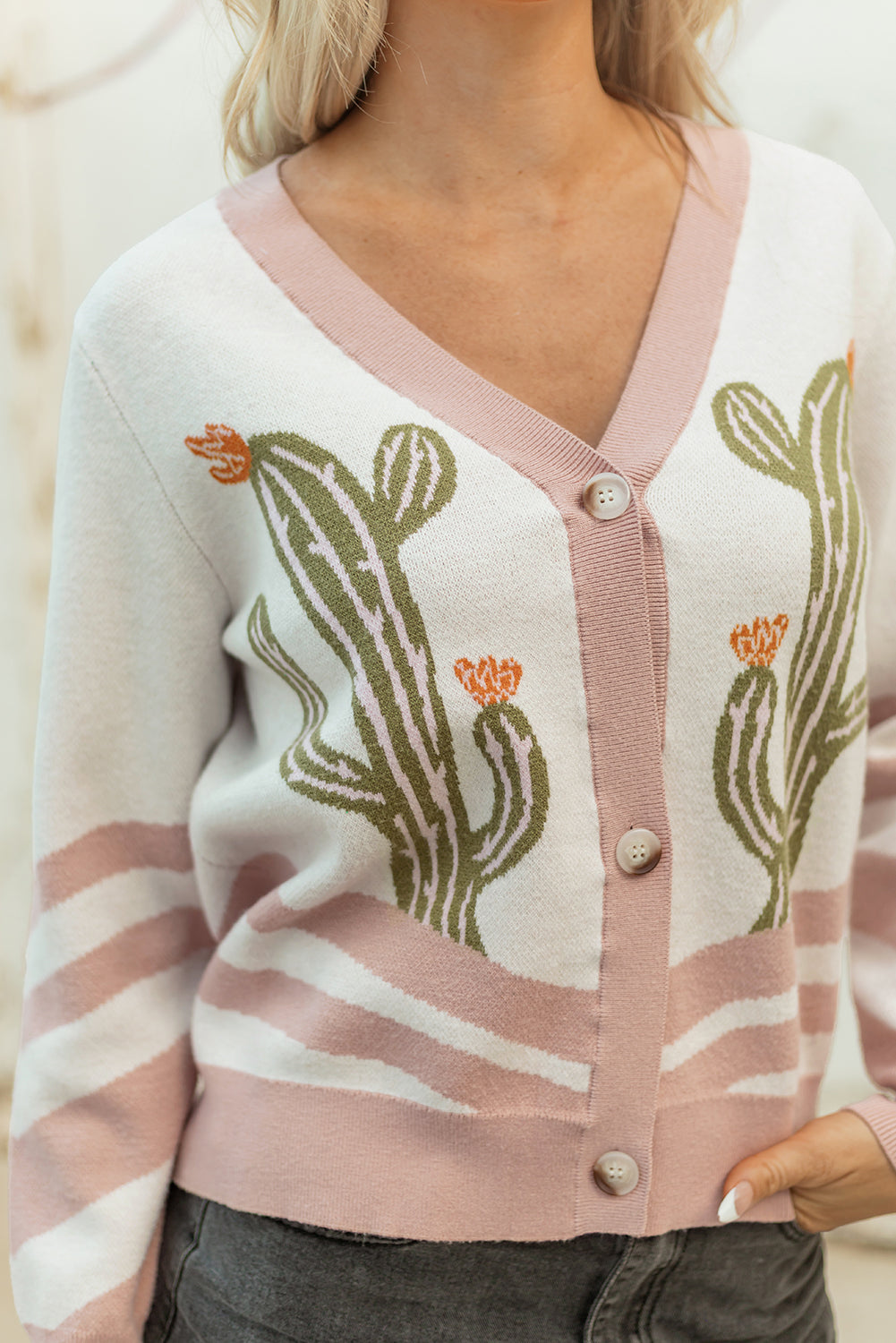 Apricot Western Desert Cactus Print Plus Size Button Cardigan Sweater