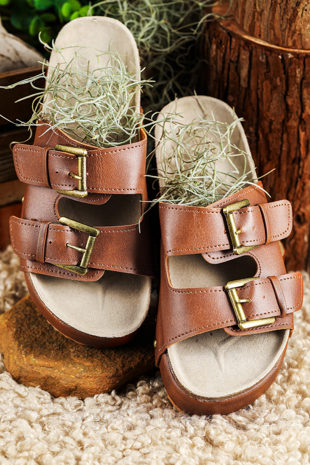 Chestnut Suede Buckle Decor Footbed Sandal Slippers