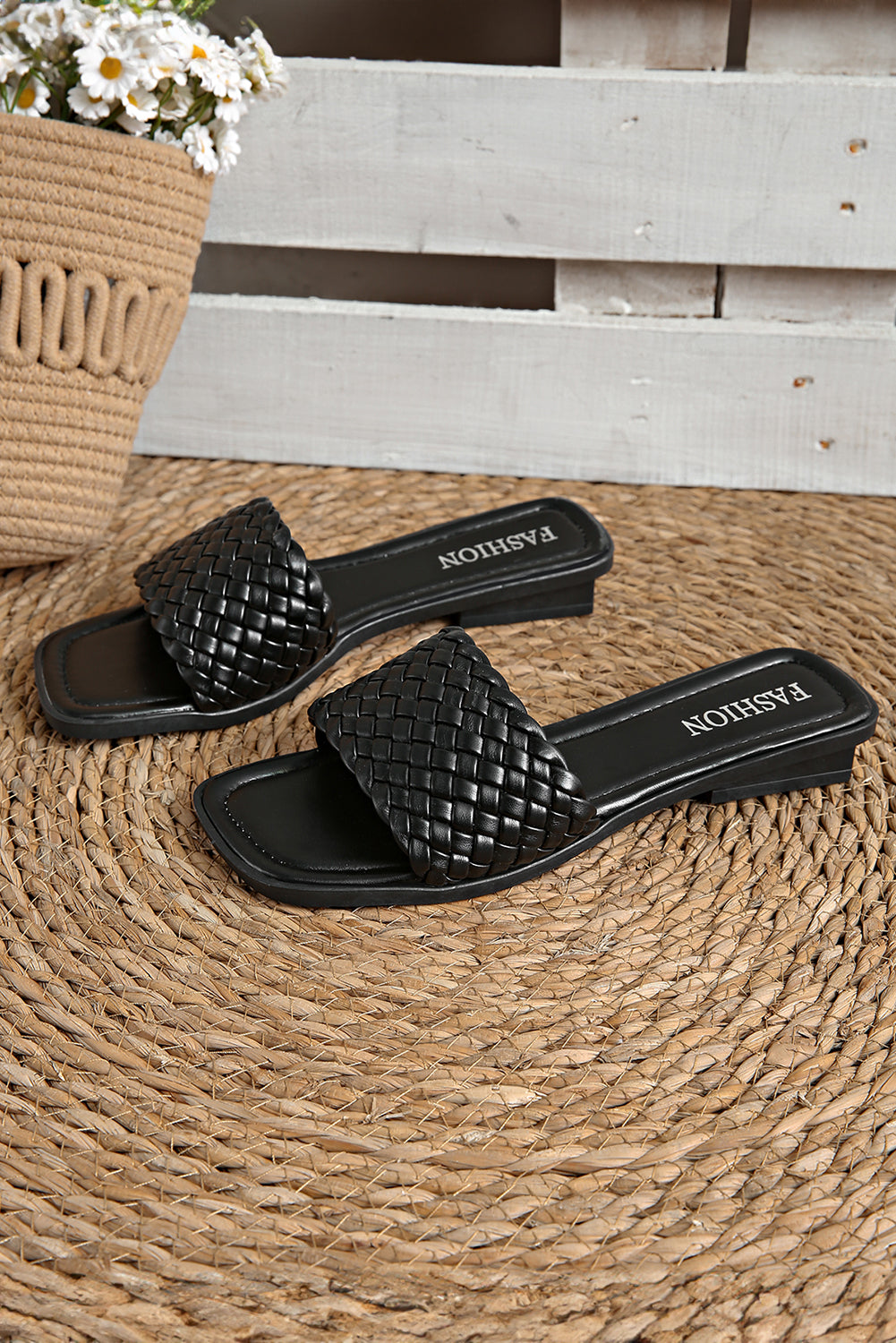 Black Braided Wide Band Square Toe Slippers