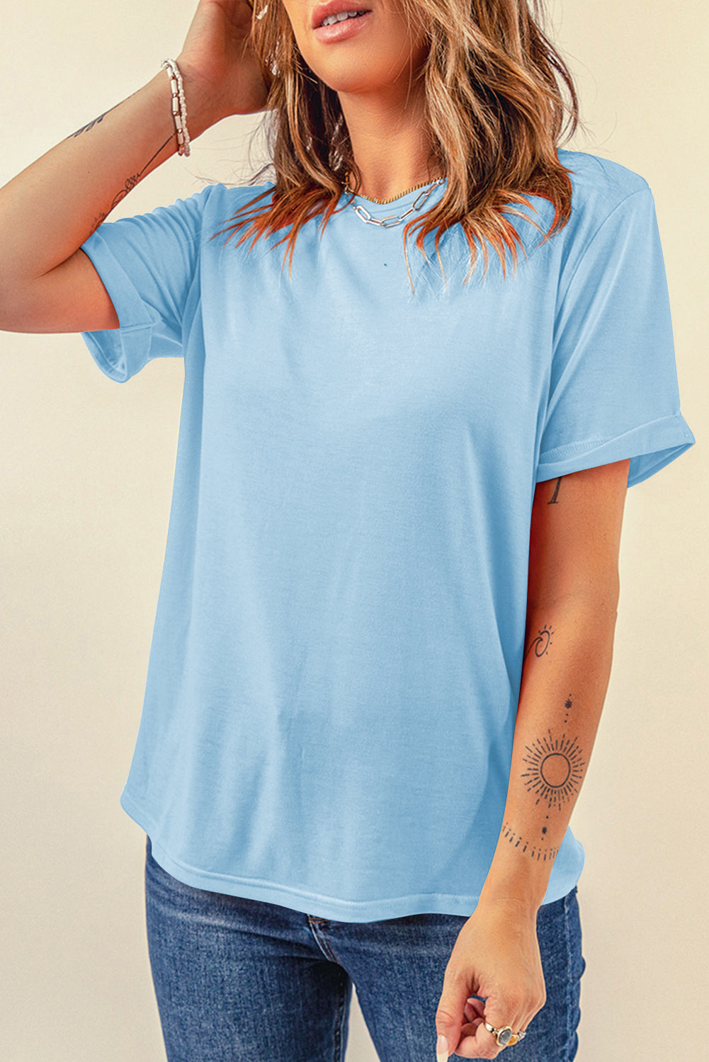 Khaki Casual Plain Crew Neck Tee