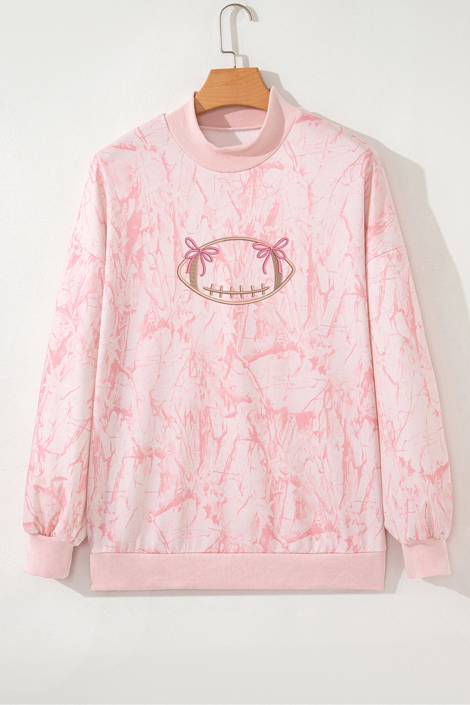 Pink Oversize Rugby Embroidered Camo Mock Neck Sweatshirt