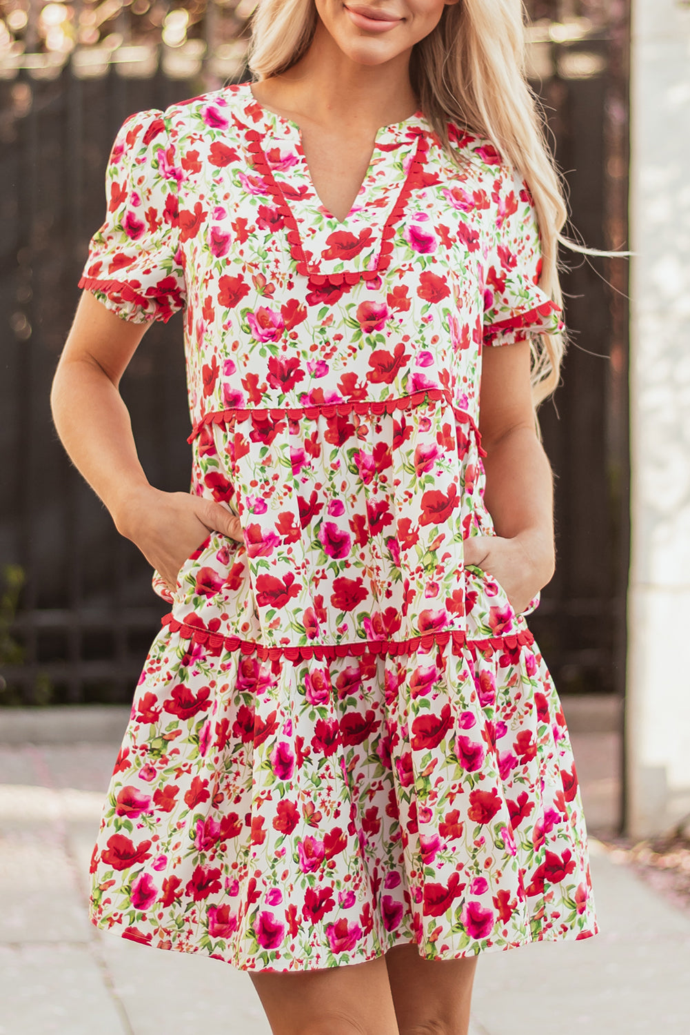 Red Floral Print Striped Patchwork Collared Short Sleeve Blouse