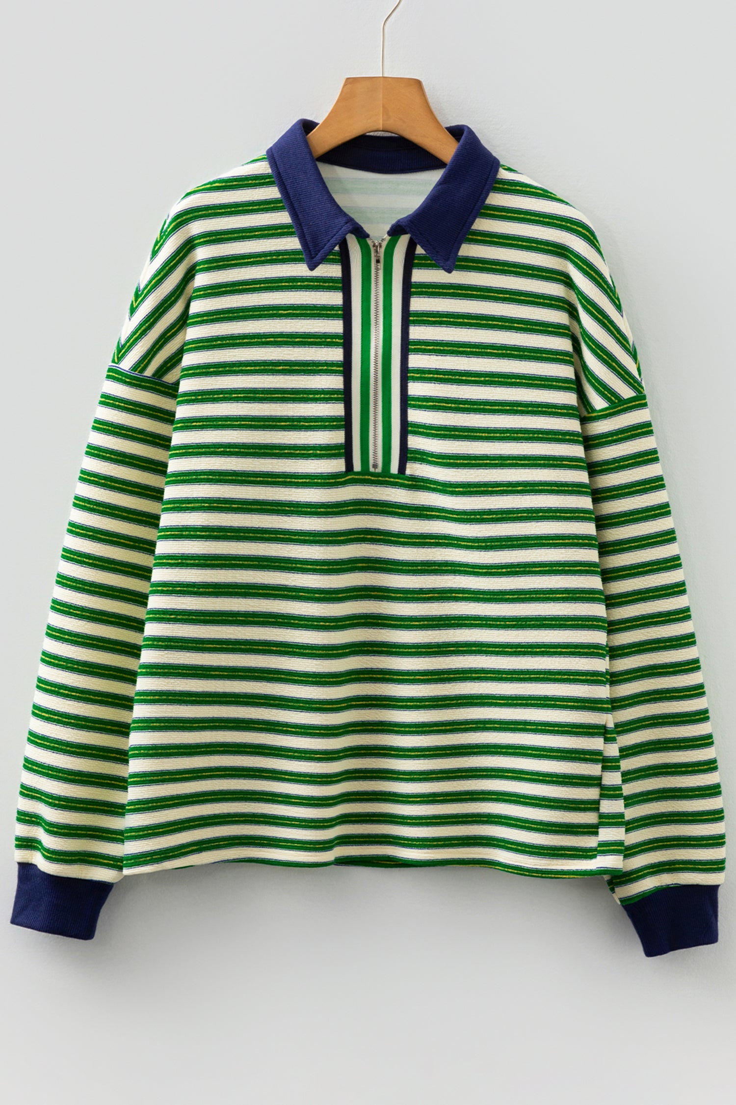 Navy Blue Striped Print Contrast Collar Zip V Neck Long Sleeve Top