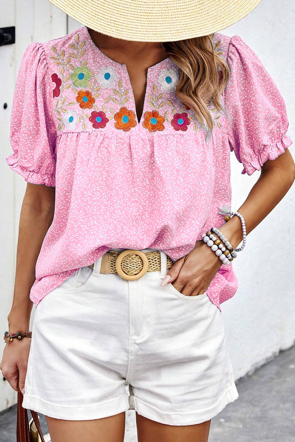 Sky Blue Floral Embroidered Puff Sleeve Notched V Neck Blouse