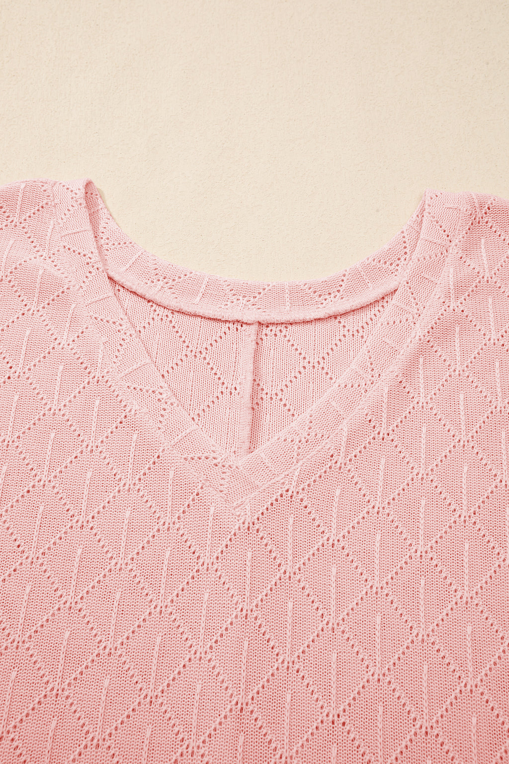 White Pointelle Rhombus Knit Plus Size V Neck Loose Top