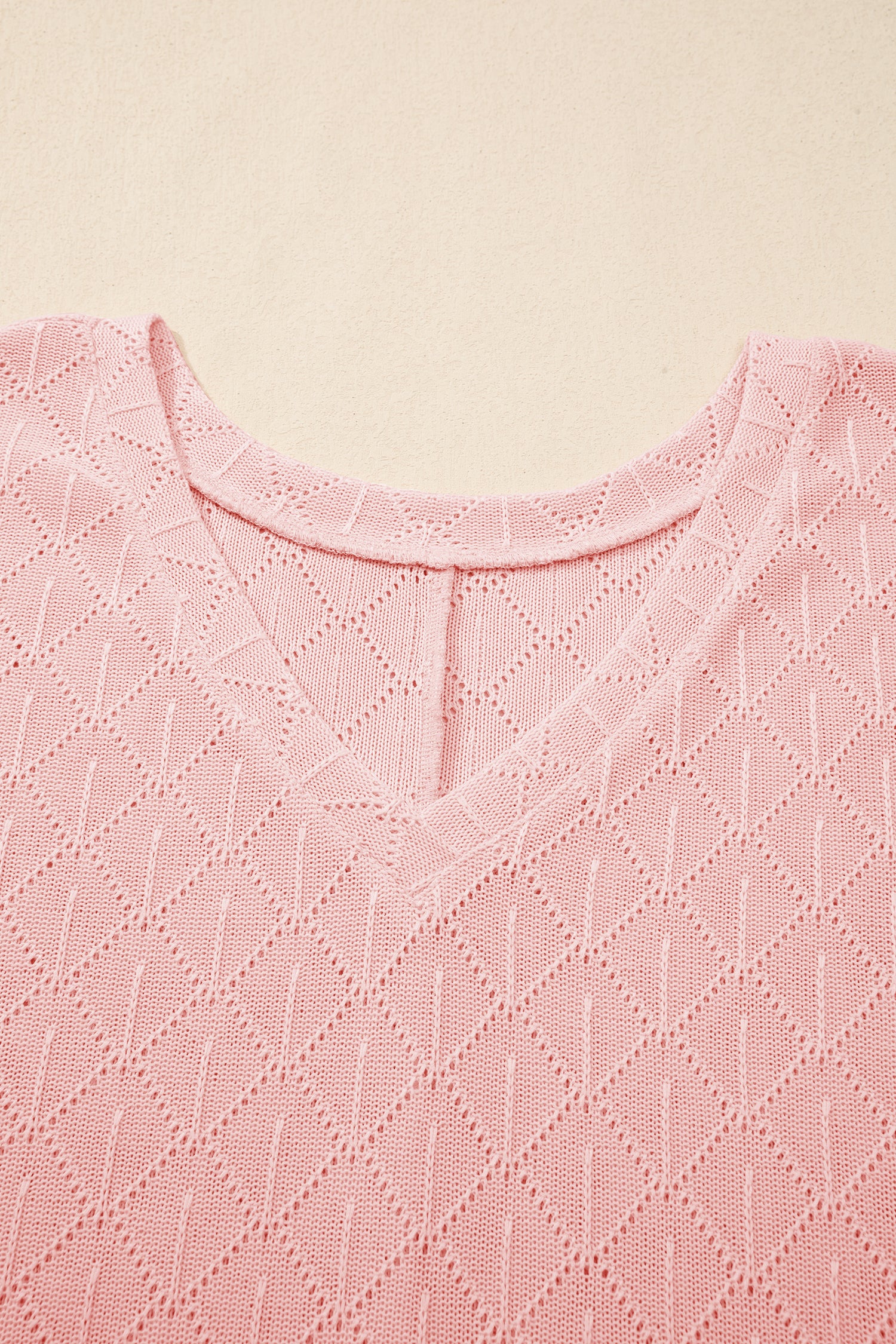 White Pointelle Rhombus Knit Plus Size V Neck Loose Top