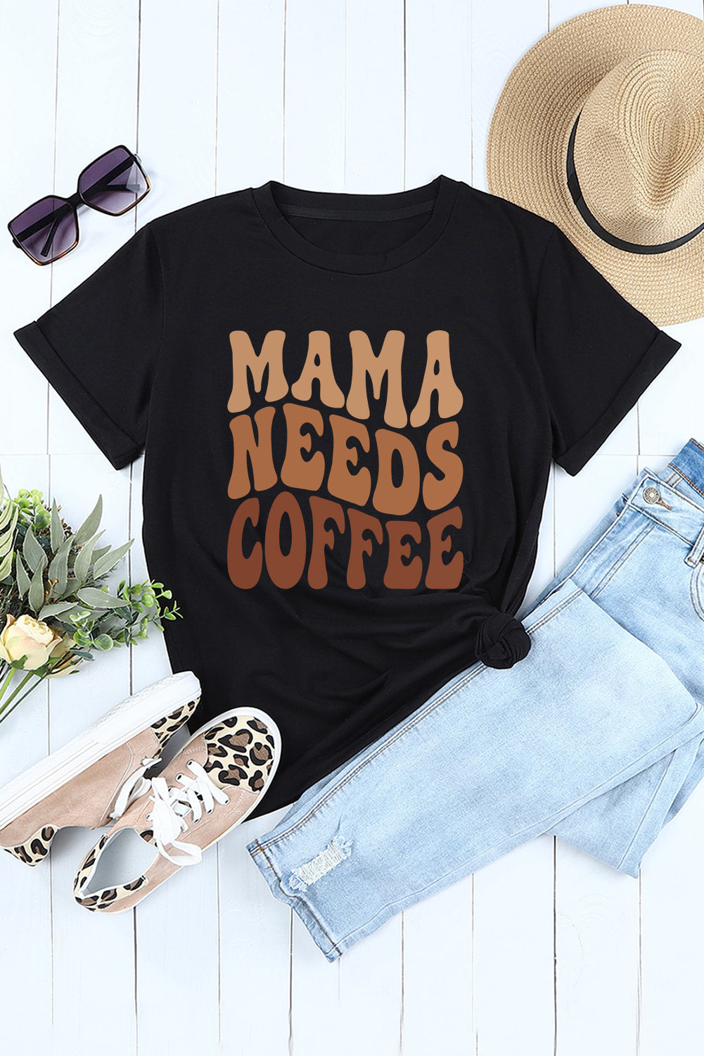 White MAMA Floral Block Graphic Casual T Shirt