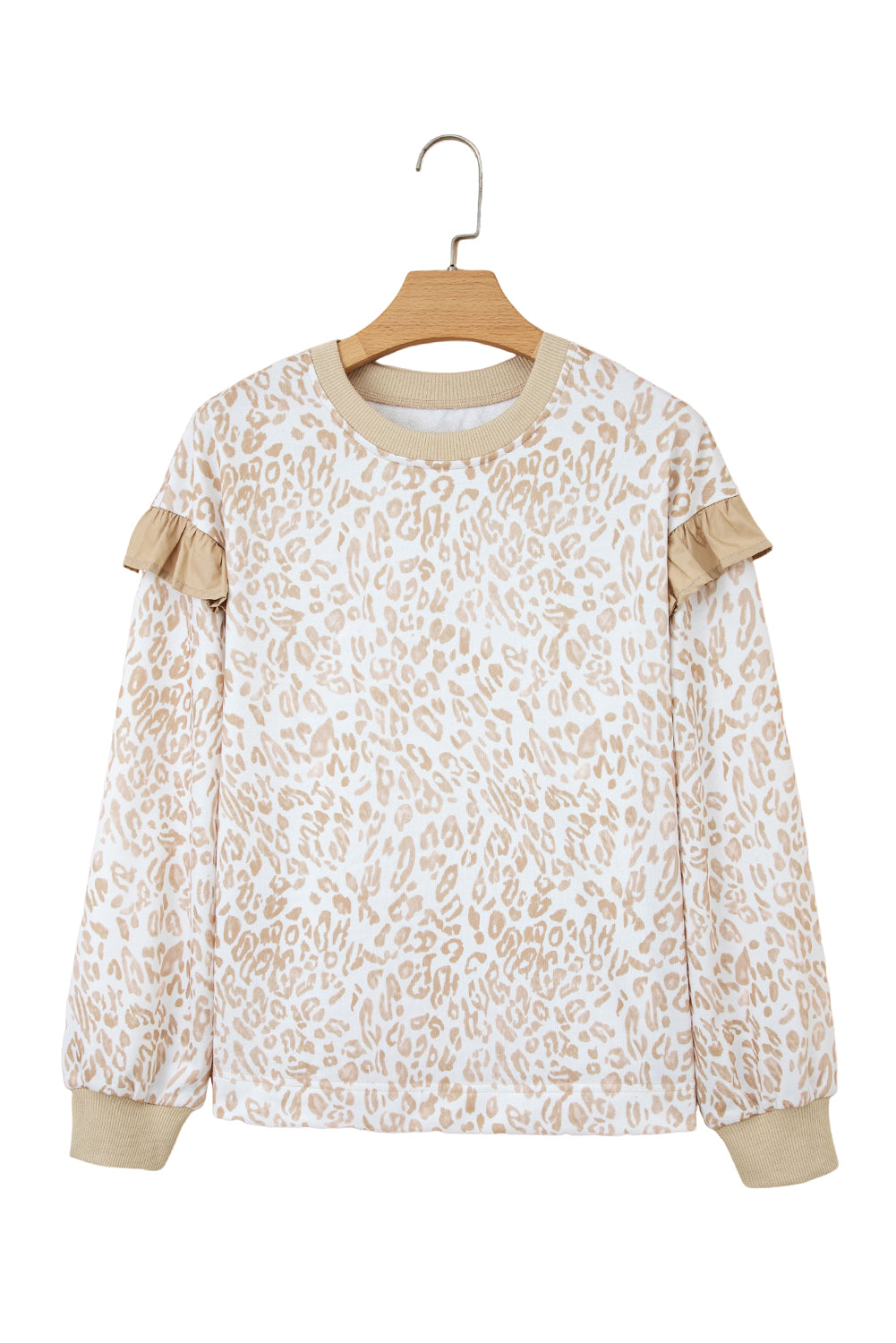Khaki Plus Size Ruffled Arm Leopard Sweatshirt