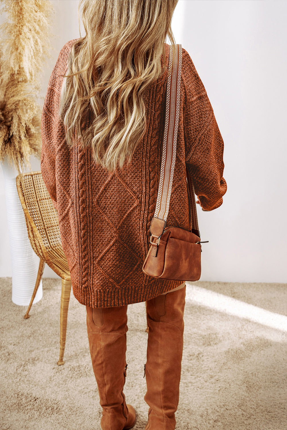 Parchment Cable Knit Drop Shoulder Loose Fit Sweater Dress