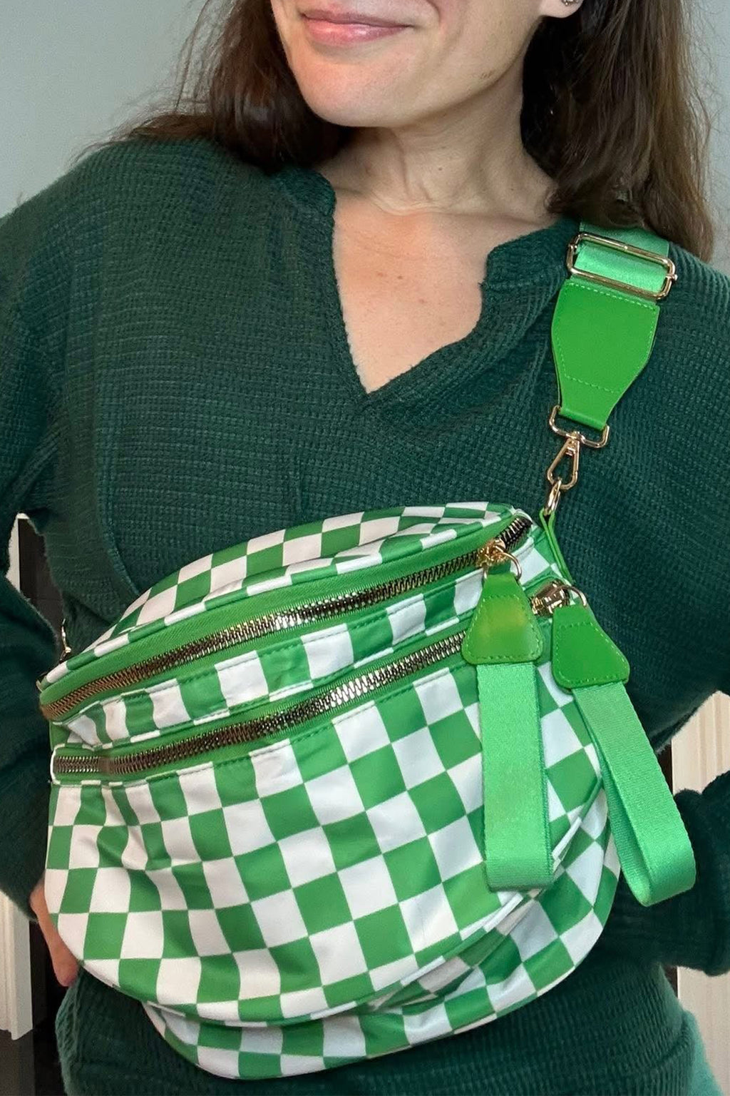 Jungle Green Double Zip Crescent Shape Adjustable Sling Bag