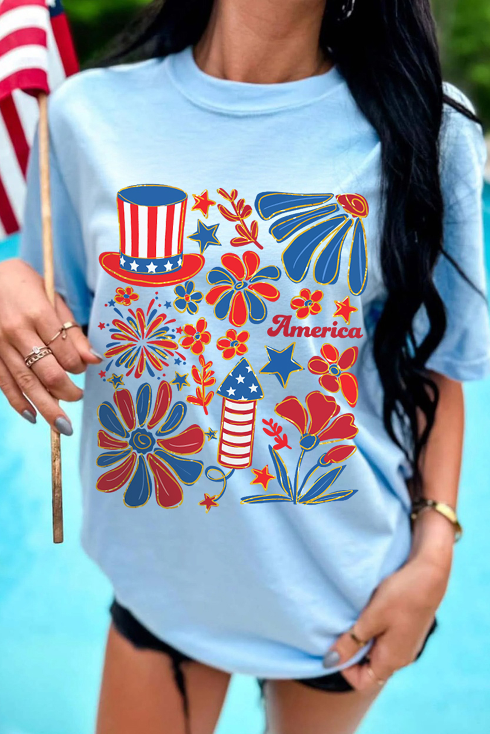 Light Blue America Floral Firework Print 4th of July T Shirt
