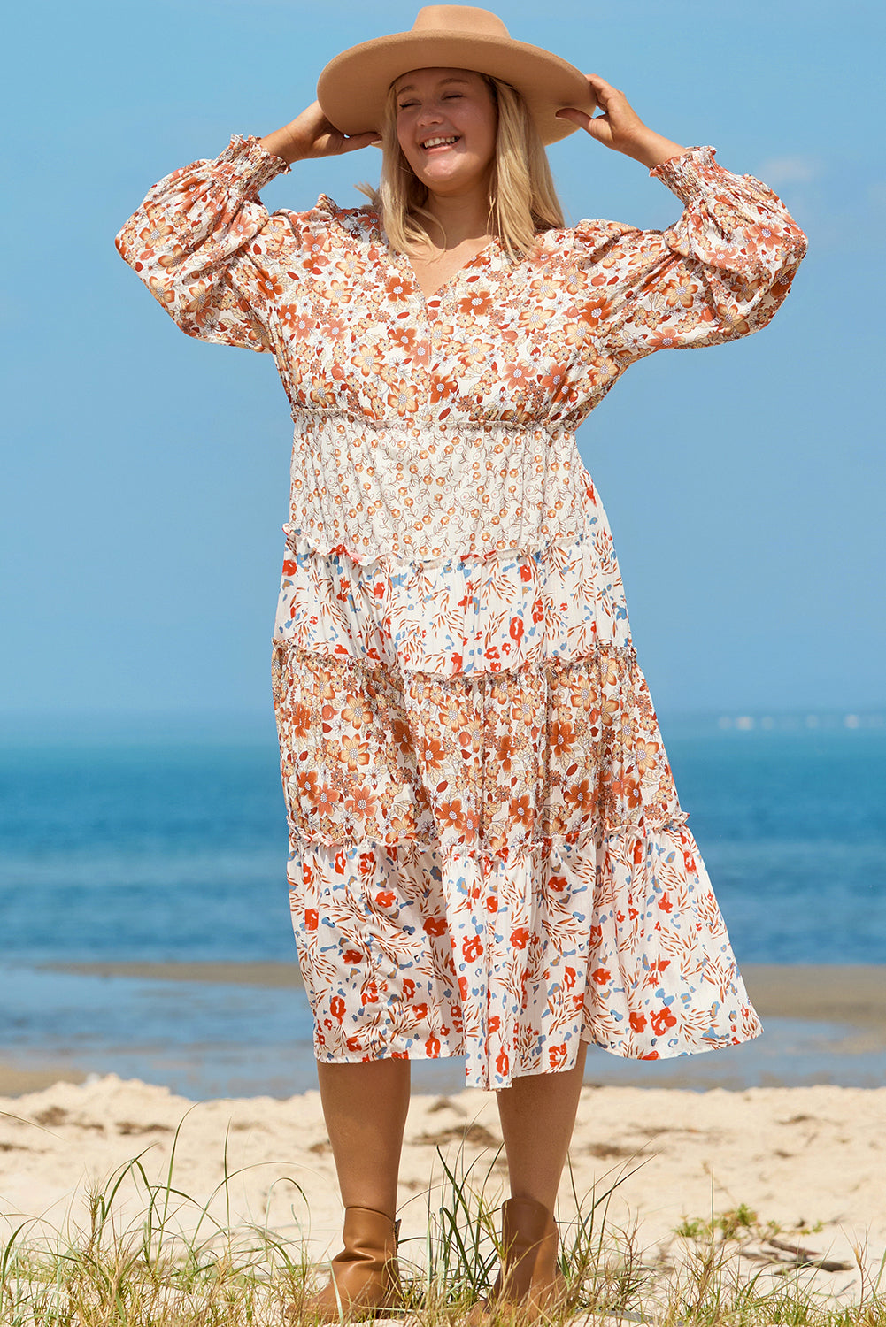 Khaki Floral Print Ruffled Tiered Long Sleeve V Neck Midi Dress