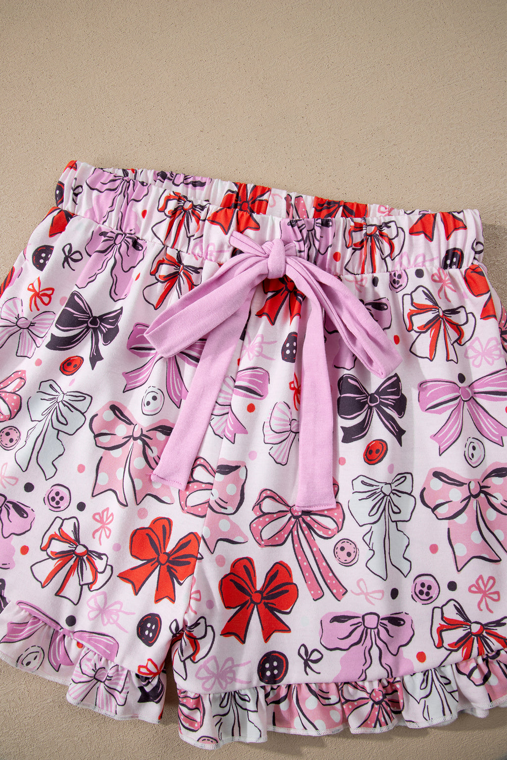 Pink Cute Ribbon Bows Printed 2pcs Short Pajama Set