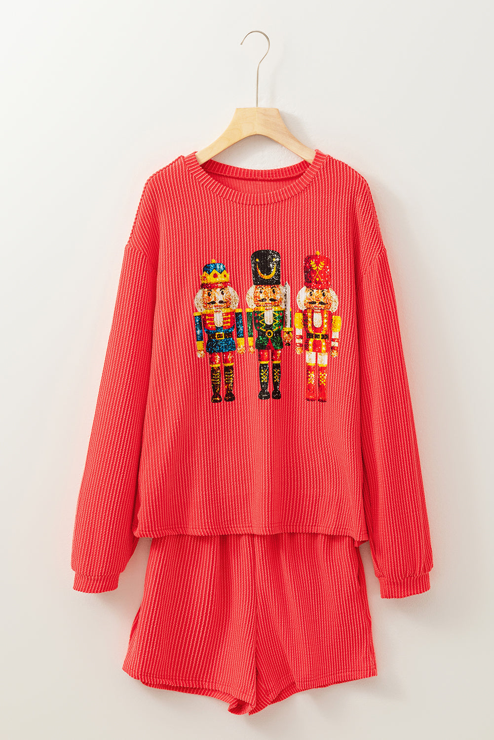 Gold Flame Heat Transfer Christmas Nutcracker Ribbed Long Sleeve Top Shorts Set