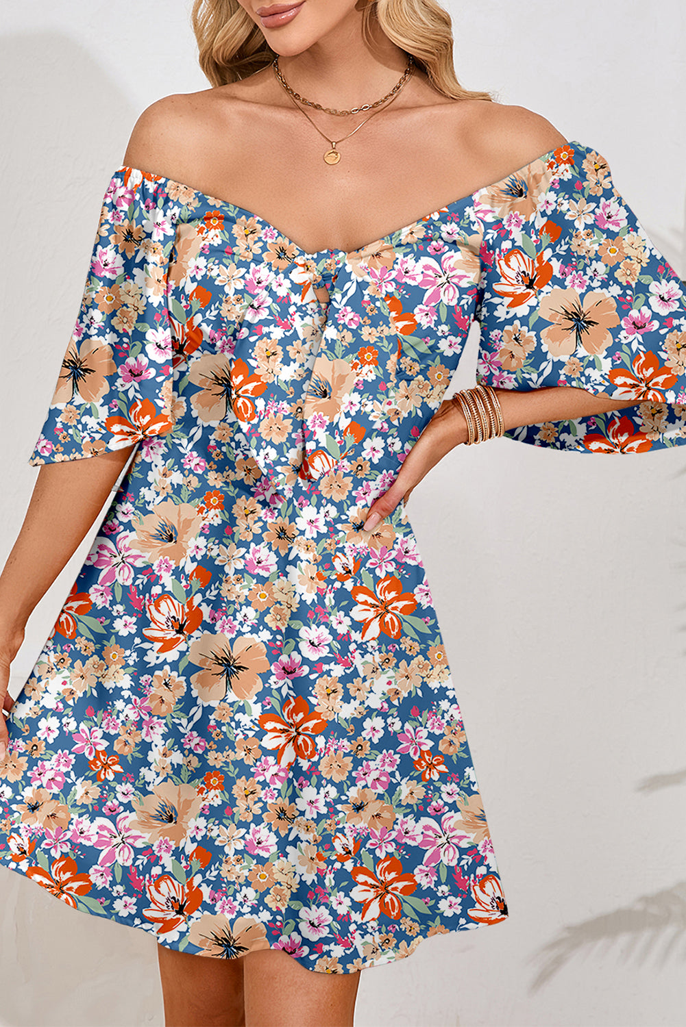Sky Blue Floral Printed Knot V Neck Loose Sleeve Mini Dress