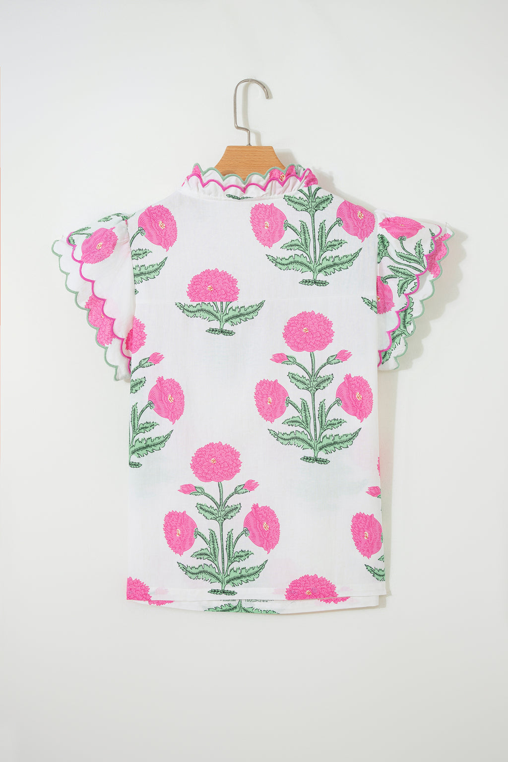 Blue Wild Flower Print Contrast Trim Scallop Detail Short Sleeve Blouse