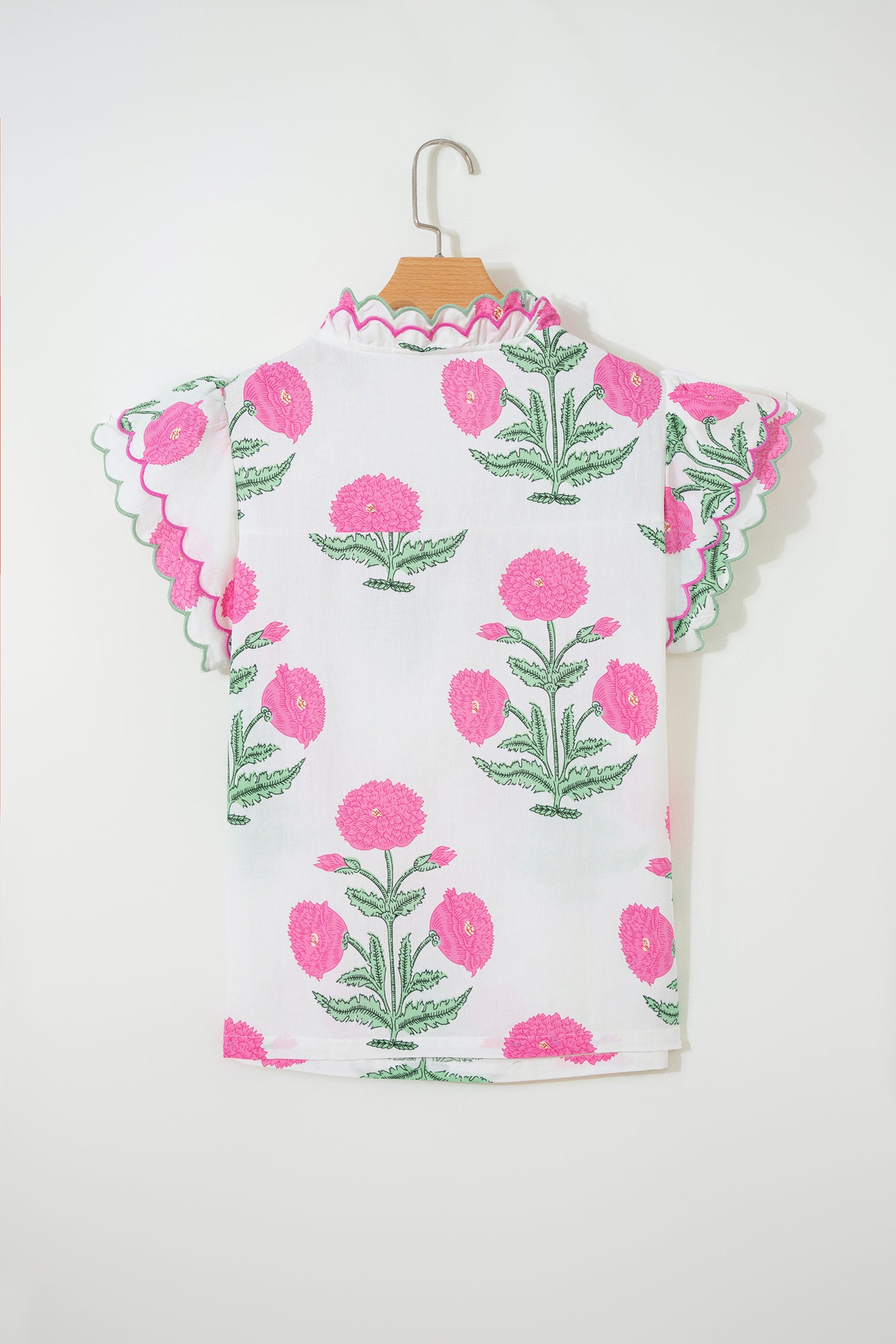 Blue Wild Flower Print Contrast Trim Scallop Detail Short Sleeve Blouse