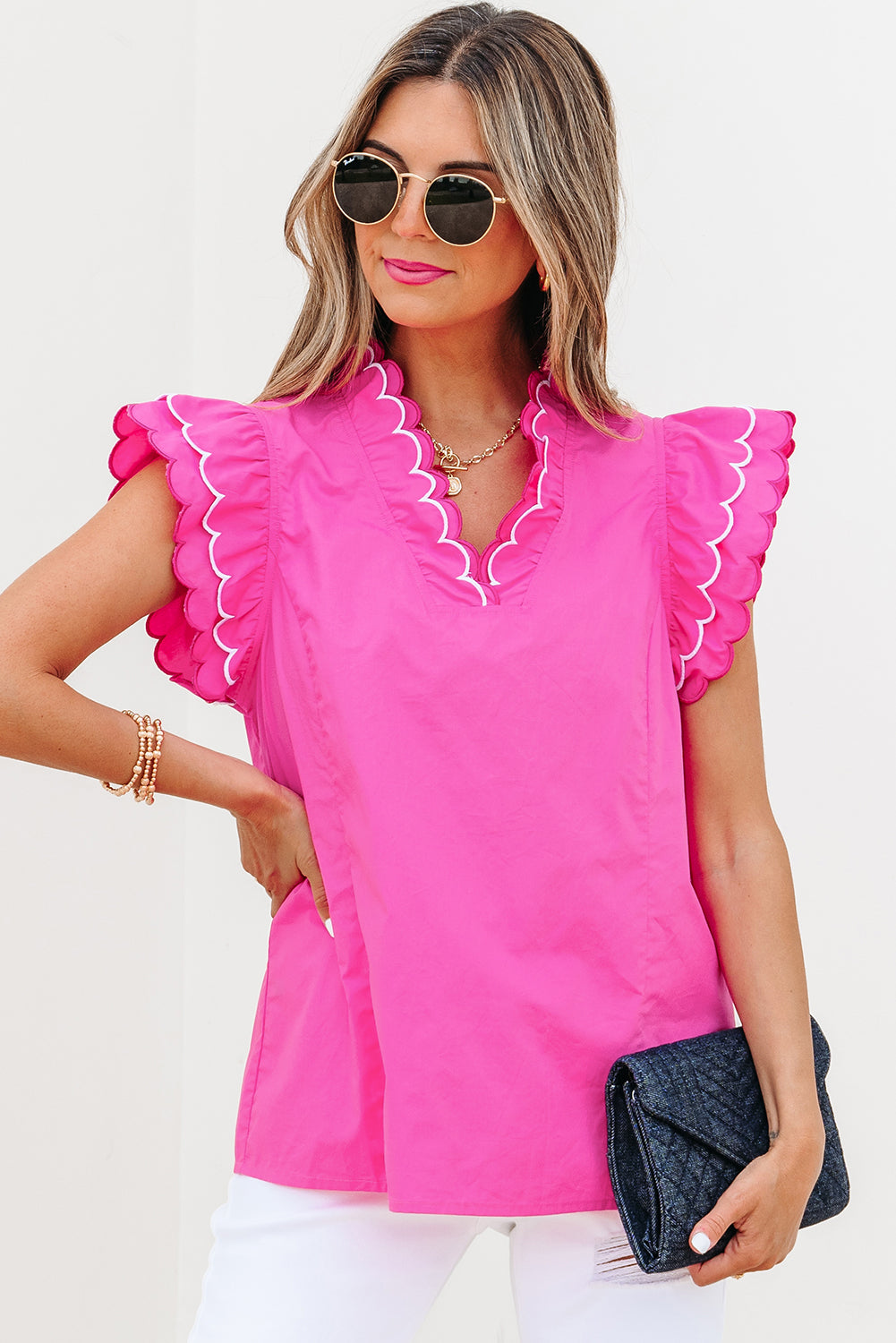 Blue Wild Flower Print Contrast Trim Scallop Detail Short Sleeve Blouse