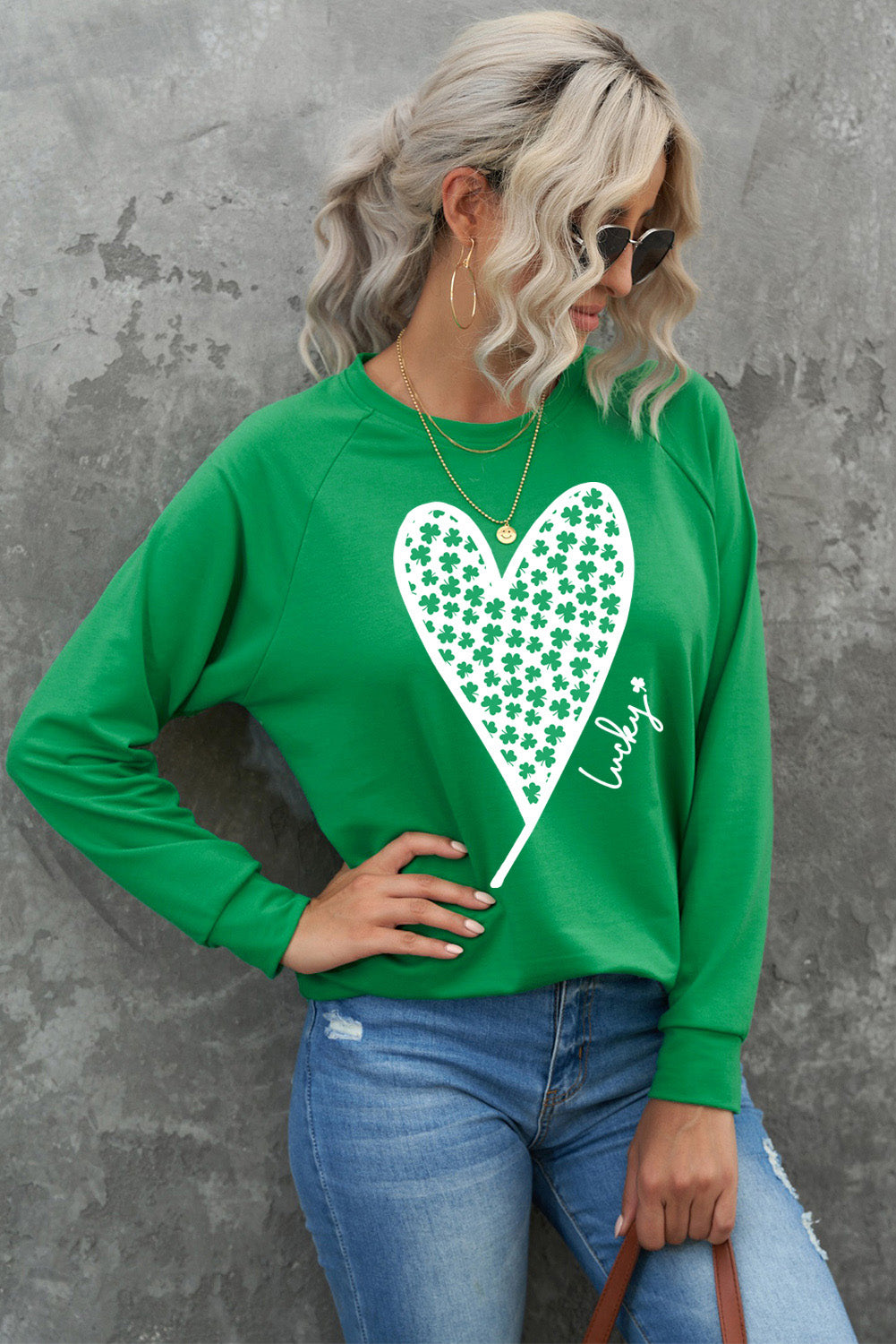 Green St. Patricks LUCKY Clover Print Raglan Sleeve Sweatshirt