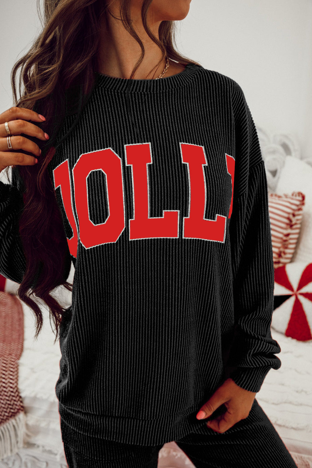 Black MERRY Corded Long Sleeve Top and Pockets Pants Set