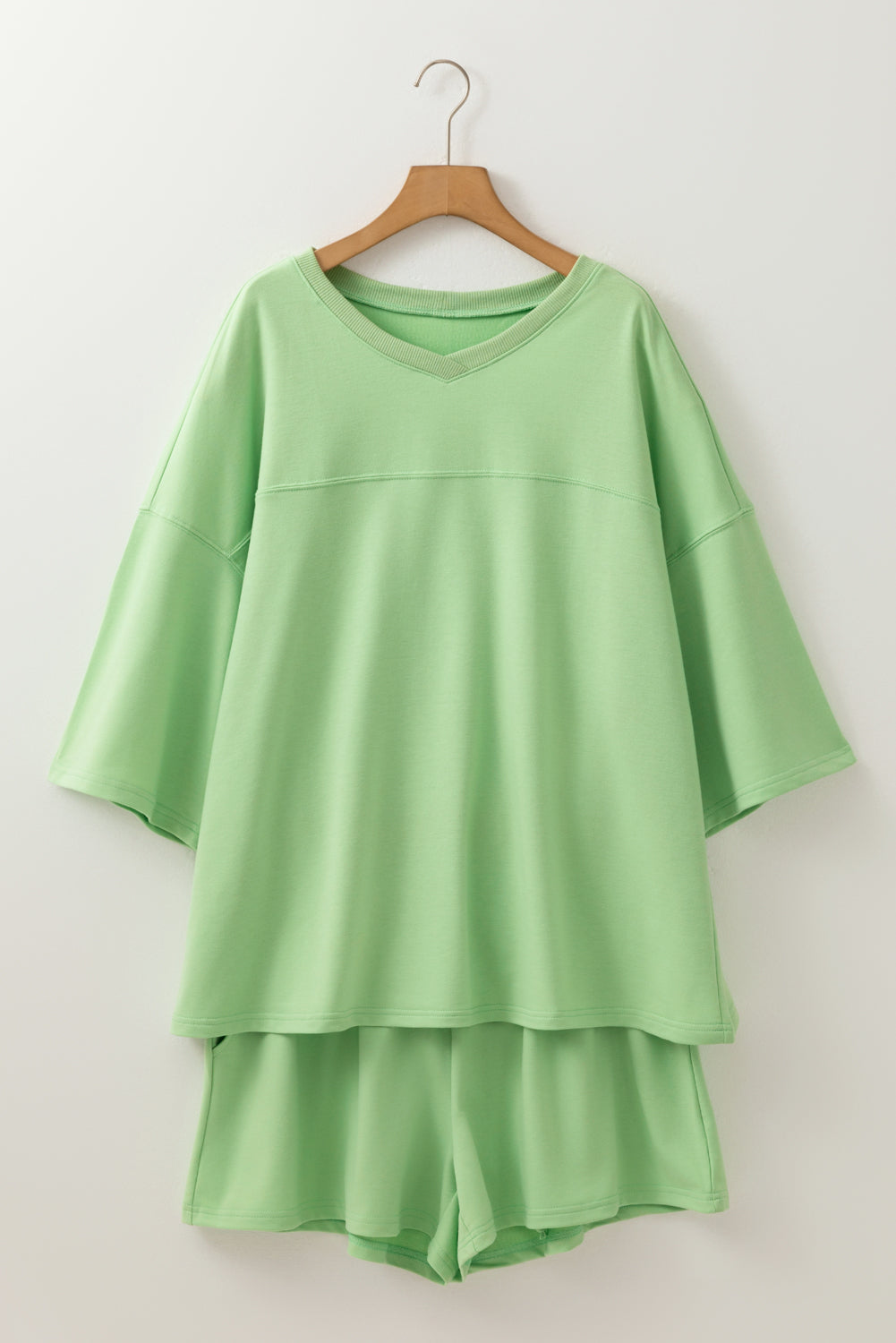 Meadow Mist Green Solid Loose V Neck Half Sleeve Tee and Shorts