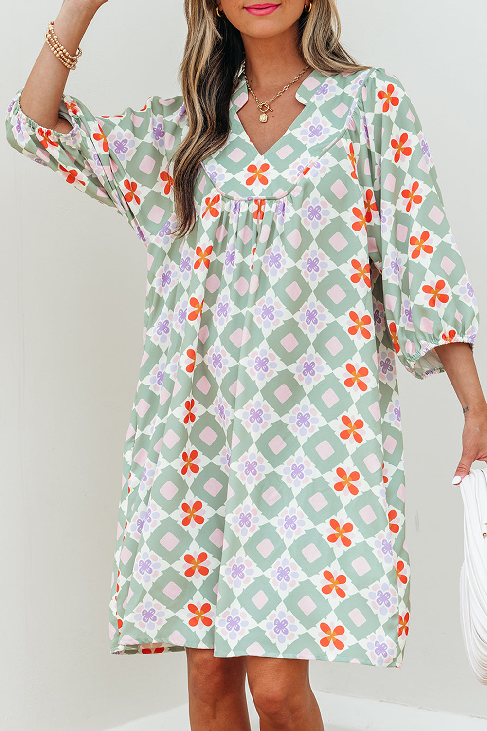 Green Geometric Floral Print Layered Flutter Sleeve V Neck Ric Rac Trim Blouse