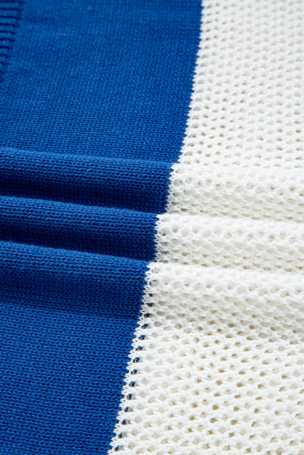 Blue Stripe Colorblock Polo Collar Eyelet Crochet Knitted Sweater