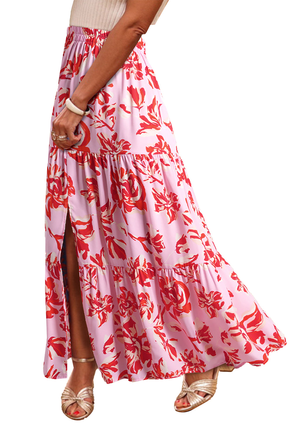 Orange Bohemian Floral Print Tiered Maxi Skirt with Split