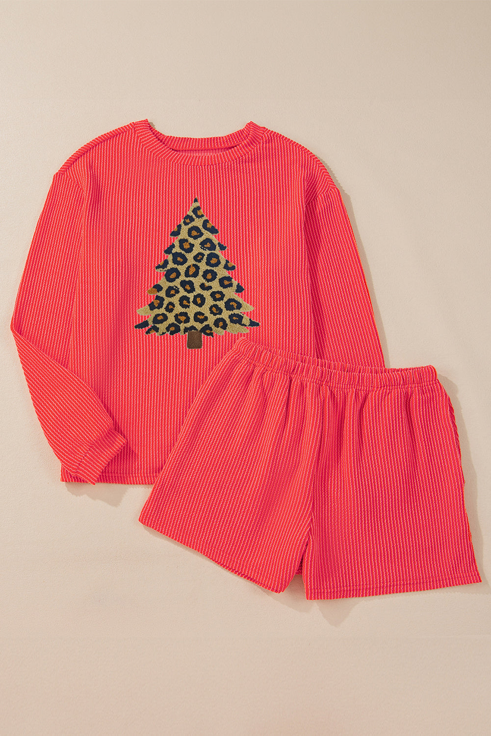 Gold Flame Leopard Patched Christmas Tree Long Sleeve Pullover Ribbed 2pcs Short Set