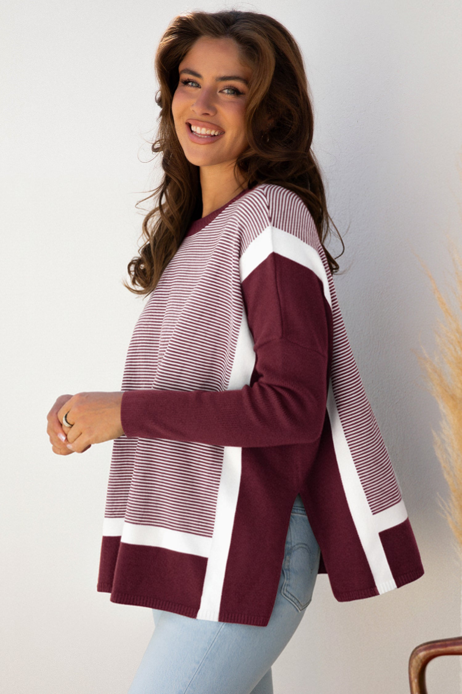 Blue Stripe Color Block Patchwork Dolman Oversize Tunic Sweater
